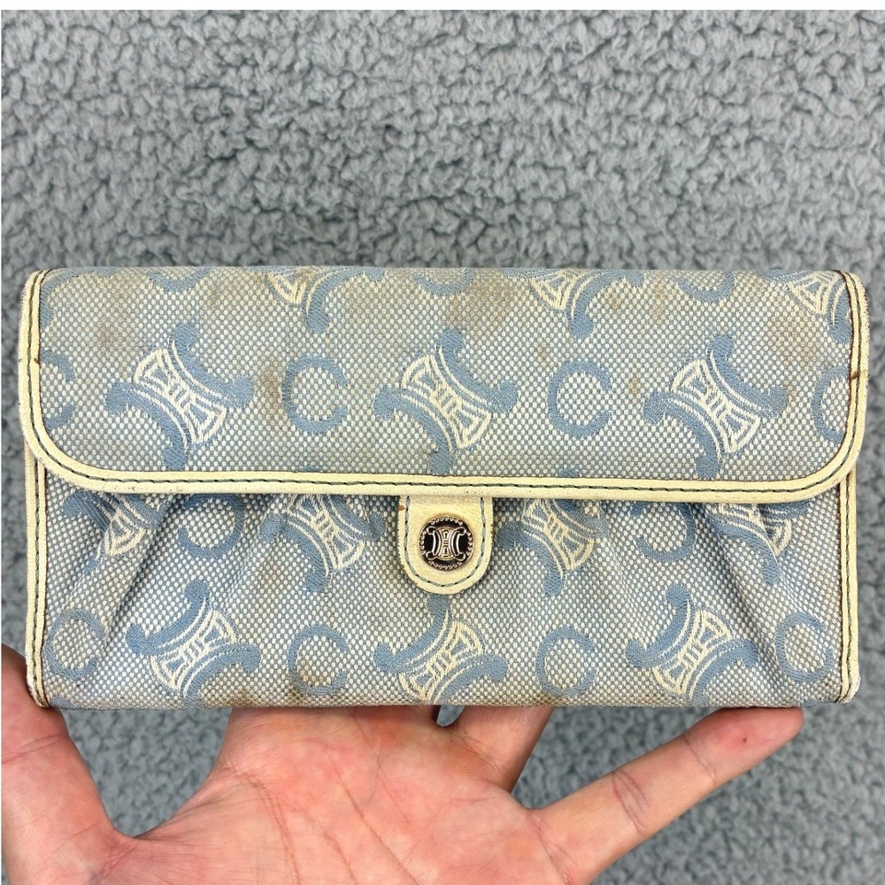 Celine Wallet Macadam Triomphe Blue Women OS Cream Vintage Canvas Flap AS-IS